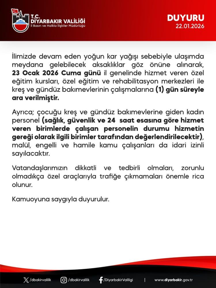 Diyarbakır Valiliği Duyurdu Eğitime 1 Gün Ara Verildi-1