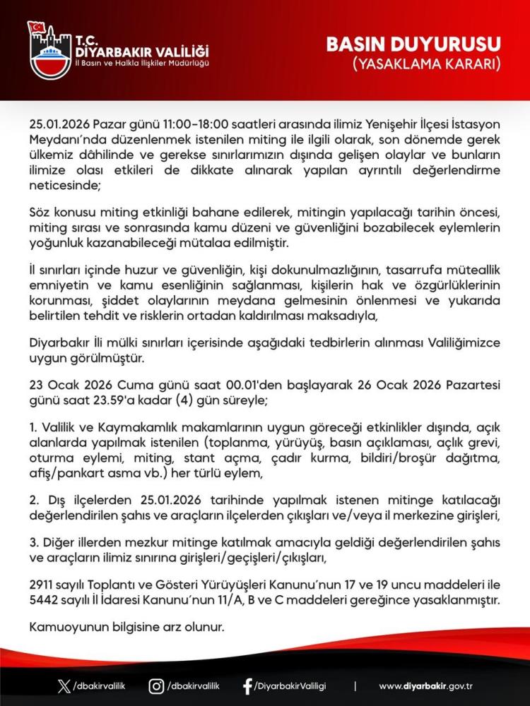 Diyarbakır'da Gösteri Ve Yürüyüşler 4 Gün Yasaklandı 1