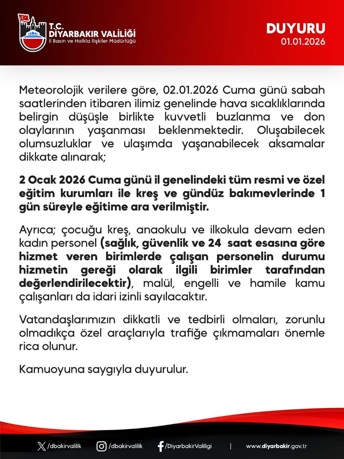 Valilik Duyurdu Diyarbakır'da Okullar Yarın Tatil 1