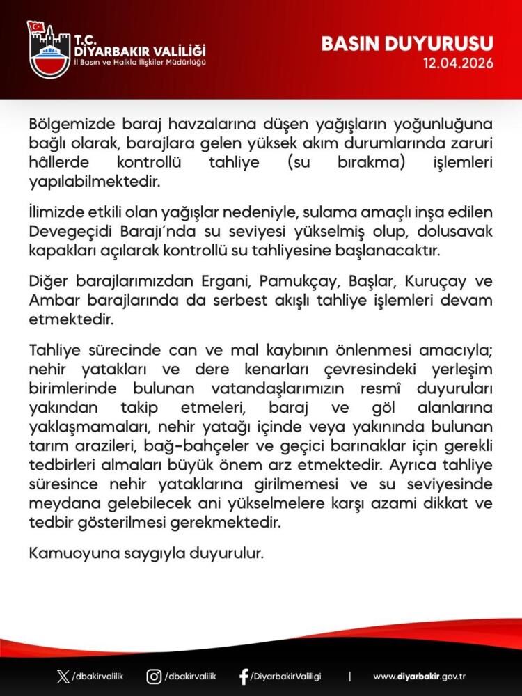 Valilik Duyurdu Diyarbakır'daki 5 Barajda Tahliye Işlemi 1