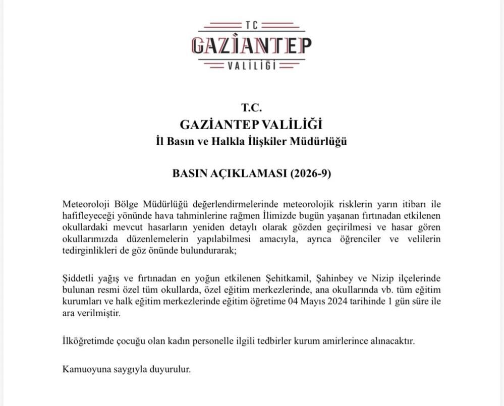 Gaziantep'te Fırtına Sonrası Okullar Tatil
