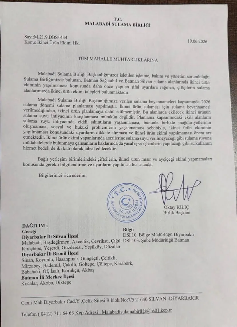 Malabadi Sulama Birliği'nden Kritik Uyarı İkinci Ürün Eken Çiftçilere Su Verilmeyecek-1