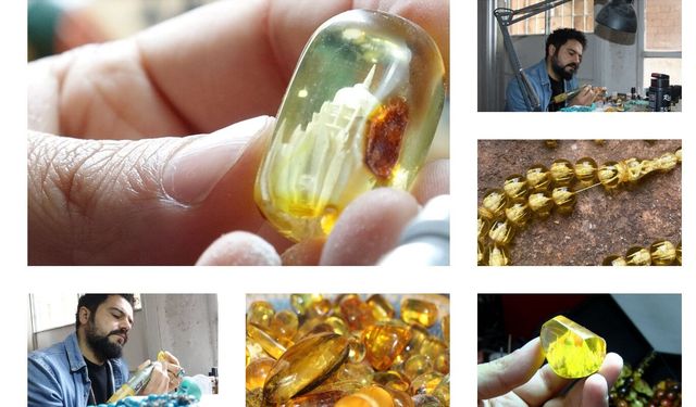 Tarihi cami siluetlerini tesbih tanelerine işliyor