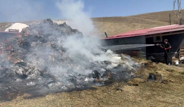Kars'ta çiftçinin bir yıllık emeği kül oldu; Bin balya ot yandı