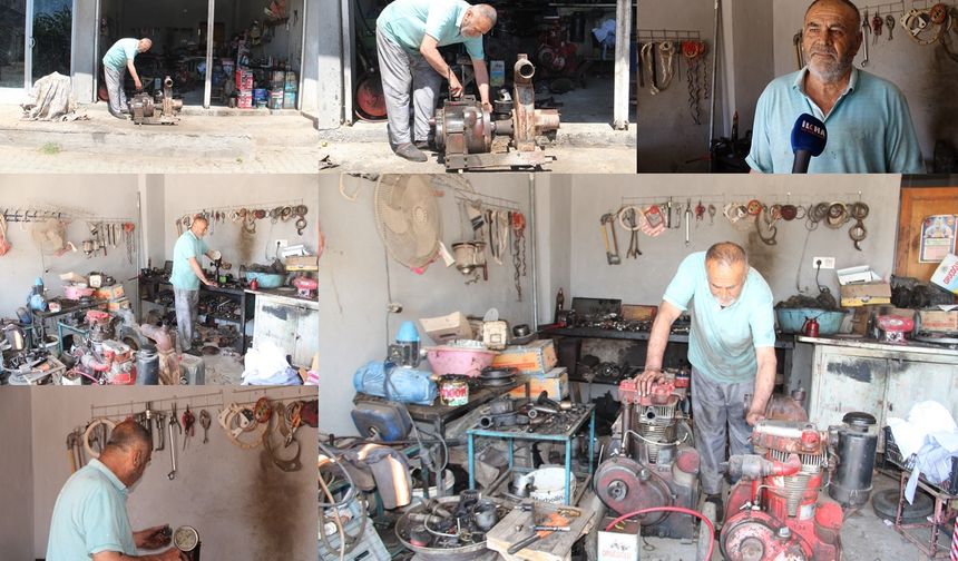İlerleyen yaşına rağmen yarım asırlık tecrübesiyle sulama motorlarını tamir ediyor