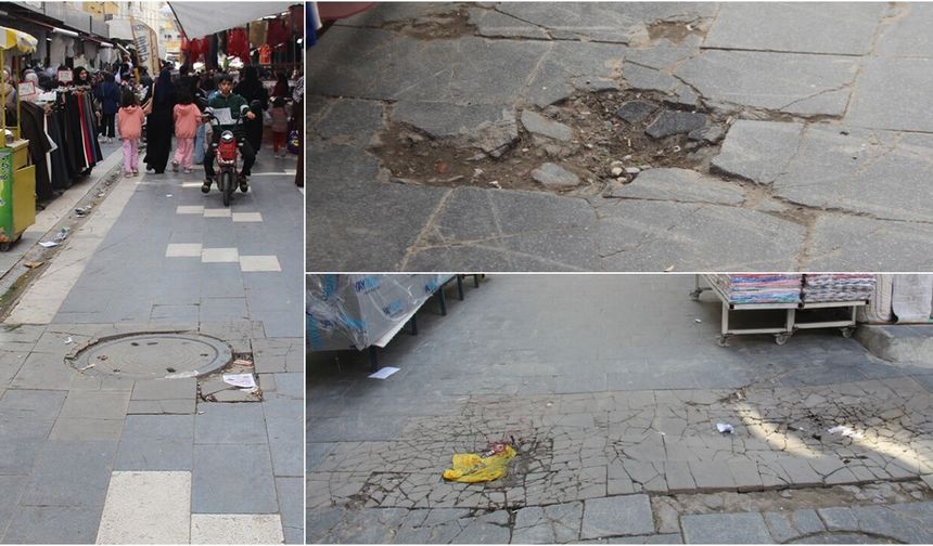 Diyarbakır'da Sağlıkocağı Caddesi esnafının bozuk zemin tepkisi