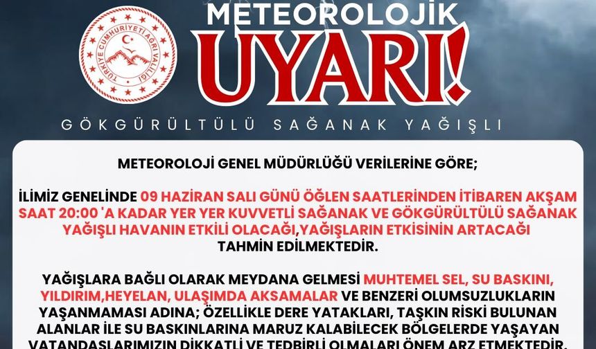 Ağrı için kuvvetli sağanak yağış uyarısı