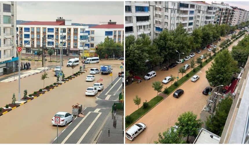 Ergani'de sağanak sonrası yollar göle döndü